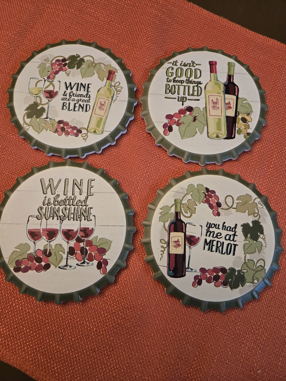 Wine Themed Coasters, Set Of 4